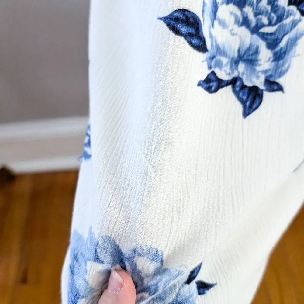 Lulus Pretty Peony Blue and White Floral Print Wrap Dress